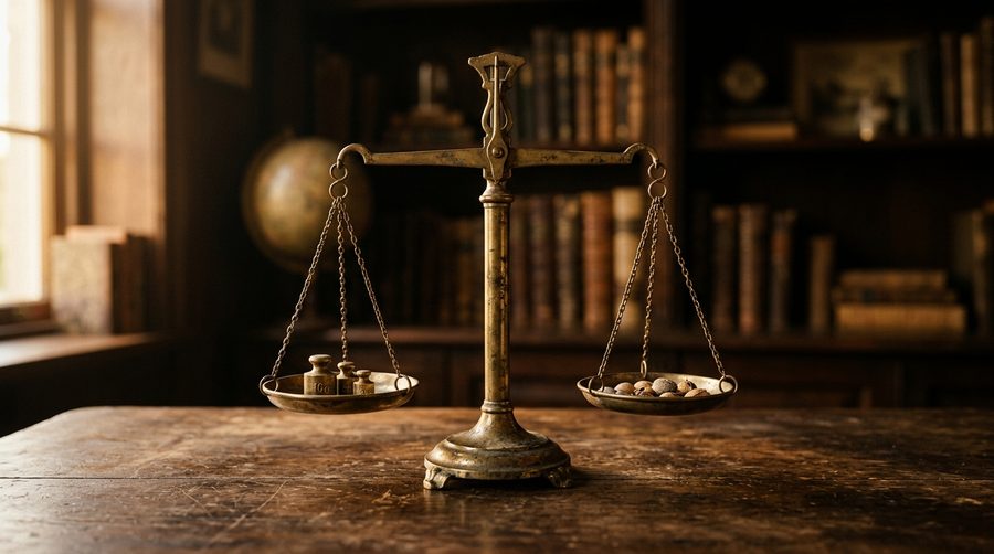 Timbangan tua antik di atas meja kayu dengan cahaya sore hangat