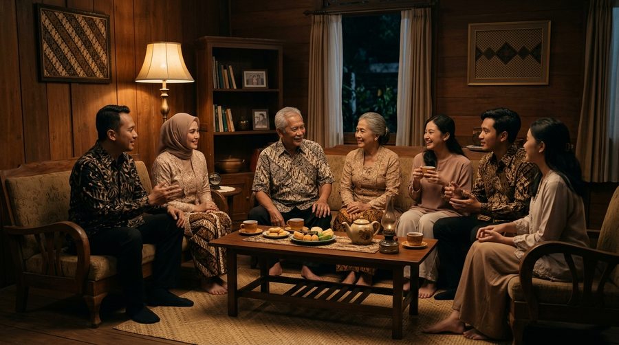 Tiga generasi keluarga Indonesia duduk bersama di ruang tamu sambil berbicara santai