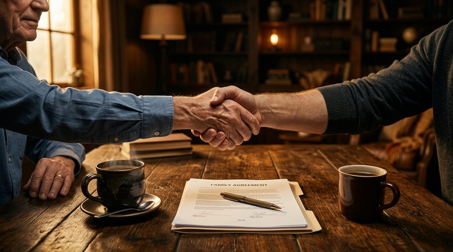 Dua tangan keluarga sedang berjabat di atas meja dengan dokumen dan cangkir kopi