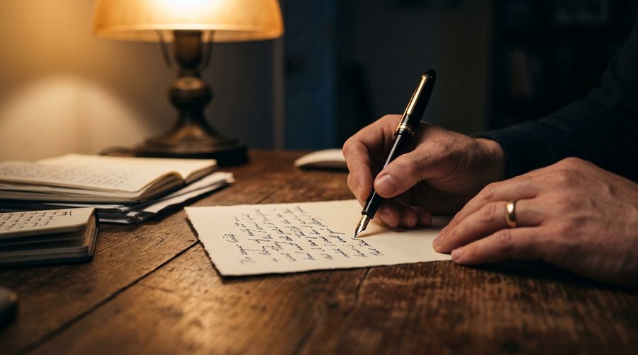 Tangan menulis surat wasiat dengan pena di atas meja kayu berisi dokumen dan lampu hangat